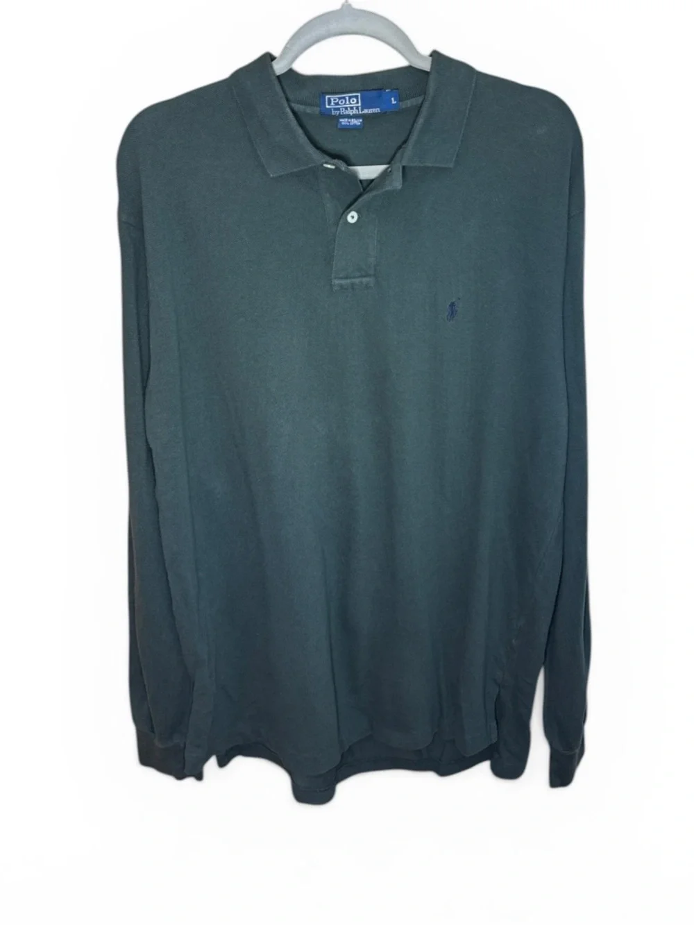 Polo Ralph Lauren Long Sleeve Green Pique Polo Shirt Men’s Large L‎ 100% Cotton